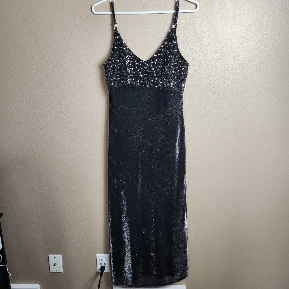 Blondie Nites Wmns VTG 90s Y2K Shimmer Beaded Empire Waist Maxi Dress-Size 9/10